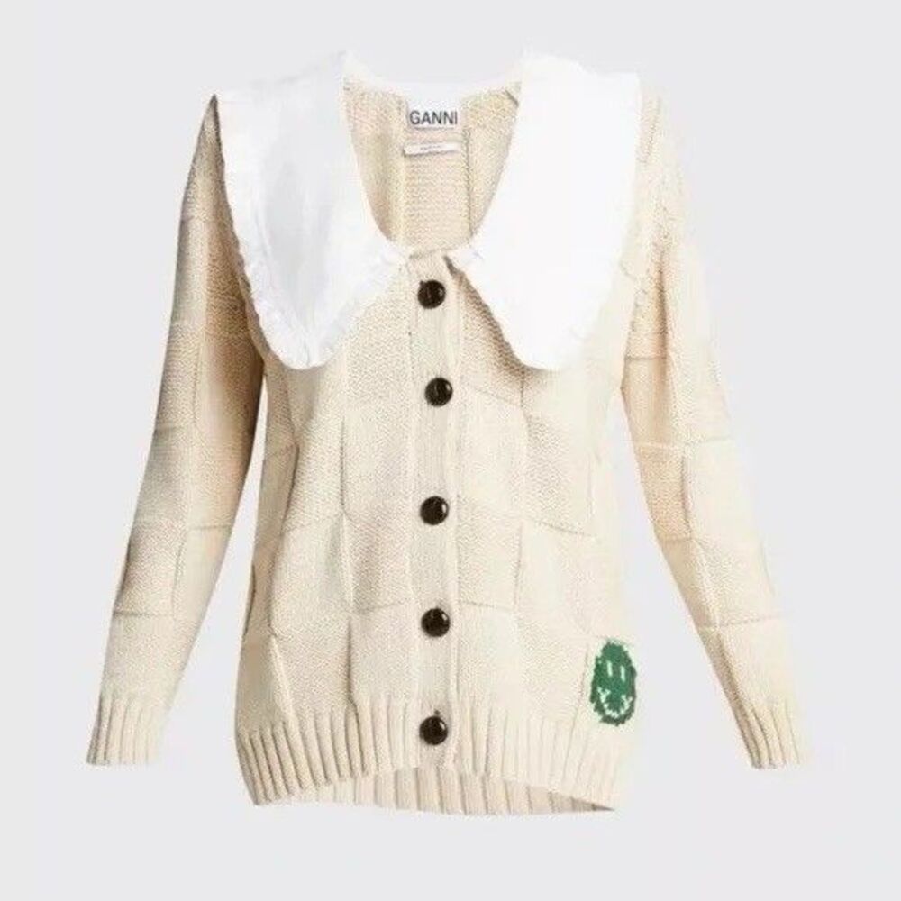 GANNI Rope Knit Checkerboard Smiley Beige Cardigan Large Collared Preppy Italy